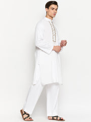 White Solid Embroidery Details Mens Kurta