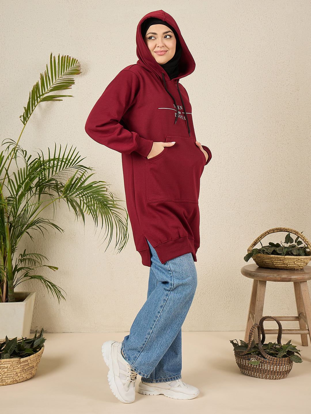 Modest Deen Over Dunya Maroon Fleece Winter Hoodie