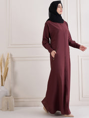 Front Open Maroon Solid Kashibo Abaya Burqa With Black Georgette Hijab