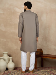 Grey Solid Mandarin Collar Cotton Kurta For Men