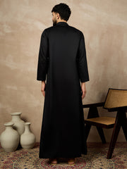 Men's Arabic Black Solid Mandarin Collar Cotton Thobe/Jubba