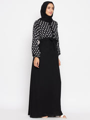 Black and White Polka Printed Crepe Abaya for Women with Black Georgette Hijab