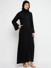 Black Comfotable Embroidery Abaya With Black Georgette Hijab
