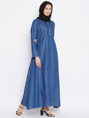 Solid Blue Plates Design Abaya Dress with Black Georgette Hijab