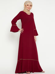 Maroon and Beige Piping Design A-Line Abaya for Women with Black Georgette Hijab