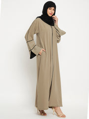 Beige A-Line Black Piping Design Abaya for Women with Black Georgette Hijab