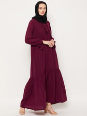 Maroon Ruffle Design Abaya for Women with Black Georgette Scarf