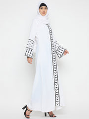 Kefiyyeh Embroidery White Abaya For Umrah / Hajj With Black Hijab