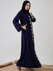 Front Open Embroidery Detailing Blue Abaya Burqa With Black Georgette Hijab