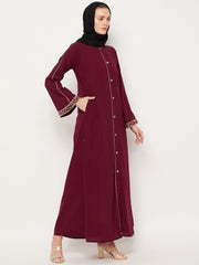 Maroon Embroidery Work Front Open Abaya for Women with Black Georgette Scarf