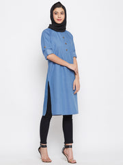 Blue Denim Cotton Solid Tunic Abaya for Women with Black Stole