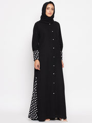 Black Front Open with Polka Design Abaya with Black Georgette Hijab