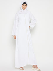 Embroidery Design White Solid Abaya For Umrah/ Hajj with Black Hijab