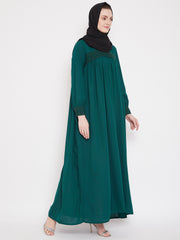 Bottle Green Solid Lace work Designed Abaya Dress for Women with Black Georgette Scarf