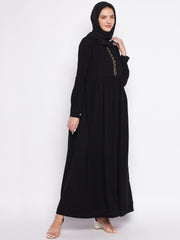 Solid Black Embroidery Design Abaya for Womwn with Black Georgette Hijab