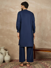 Blue Solid Cotton Pathani Kurta Pajama Set For Men