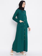 Bottle Green Rayon Front Open Abaya for Women with Black Georgette Scarf