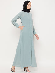 Front Open Sea Green Solid Mandarin Collar Abaya Burqa With Black Hijab