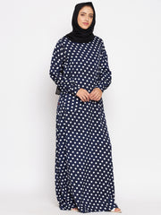 Blue Polka Design Abaya for Women with Black Georgette Hijab