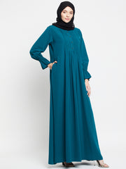 Bottle Green A-Line Abaya for Women with Black Georgette Hijab