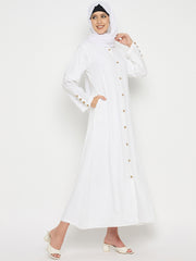 Front Open Rayon Solid White Abaya suitable for Umrah / Hajj with Black Hijab