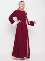 A-Line Piping Design Maroon Abaya for Women with Black Georgette Hijab