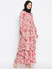 Pink Floral Printed Crepe 3 Frill Abaya Dress for Women with Black Georgette Hijab