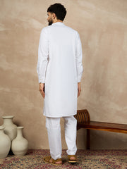 Men's Solid White Cotton Kurta with Mandarin Collar