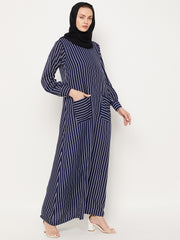 Blue Striped Abaya for Women with Black Georgette Hijab