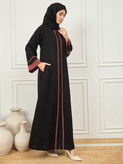 Front Open Two-colored black and rust Solid abaya burqa with Black Georgette Hijab