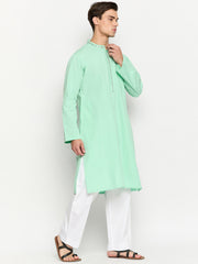 Embroidery Details Mens Solid Sea Green Kurta