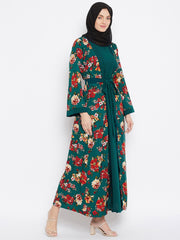 Bottle Green Floral Printed Shrug Attached Casual Abaya for Women With Black Georgette Scarf