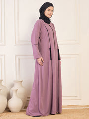 Zip-Closure Piping Detailing Pink Solid Abaya Burqa With Black Georgette Hijab