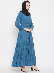 Frilled Sky Blue Abaya Burqa For Women With Belt and Black Hijab