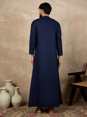 Men's Blue Solid Thread Detailing Cotton Arabic Jubba / Thobe