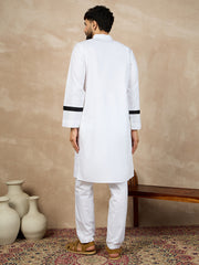 White Solid Piping Detailing Cotton Kurta and Pajama Set For Men