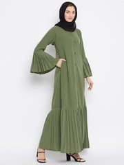 Jade Green Plats Design Front Open Abaya with Black Georgette Hijab