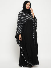 Black and White Polka Dot Printed Loose Fit Women Kaftan Abaya with Black Georgette Scarf