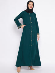 Bottle Green Embroidery Work Front Open Abaya for Women with Black Georgette Scarf