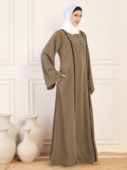 Oat Solid Handwork & Black Piping Detailing Luxury Abaya Burqa for Women With White Georgette Hijab