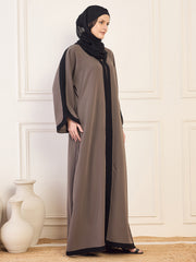 Grey Solid  Black Piping Detailing Aline Abaya Burqa With Black Georgette Hijab