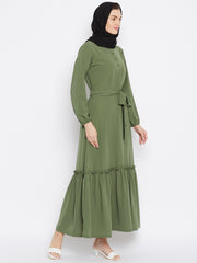 Jade Green Solid Frill Abaya Dress for Women with Black Georgette Scarf