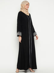 Solid Black White Embroidery Design Abaya with Black Georgette Hijab