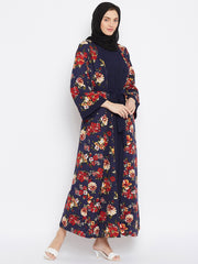 Blue and Red Floral Printed Shrug Attached Casual Abaya for Women With Black Georgette Scarf