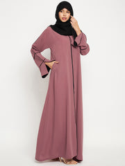 Pink A-Line Black Piping Design Abaya for Women with Black Georgette Hijab