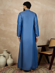 Blue Solid Denim Zip Closure Arabic Jubba / Thobe For Men