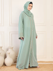 Sea Green Front Open Solid Hand Work Detailing Luxury Abaya Burqa For Women With Matching Hijab