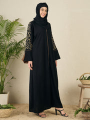 Front Open Black Embroidered Abaya with Black Scarf
