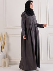 Front Open Grey Solid Kashibo Abaya Burqa With Black Georgette Hijab