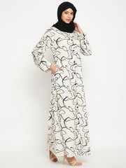 White and Black Printed Front Open Abaya for Women with Black Georgette Scarf